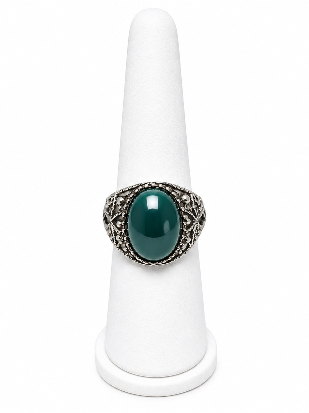 Green cabochon marcasite statement ring size 8